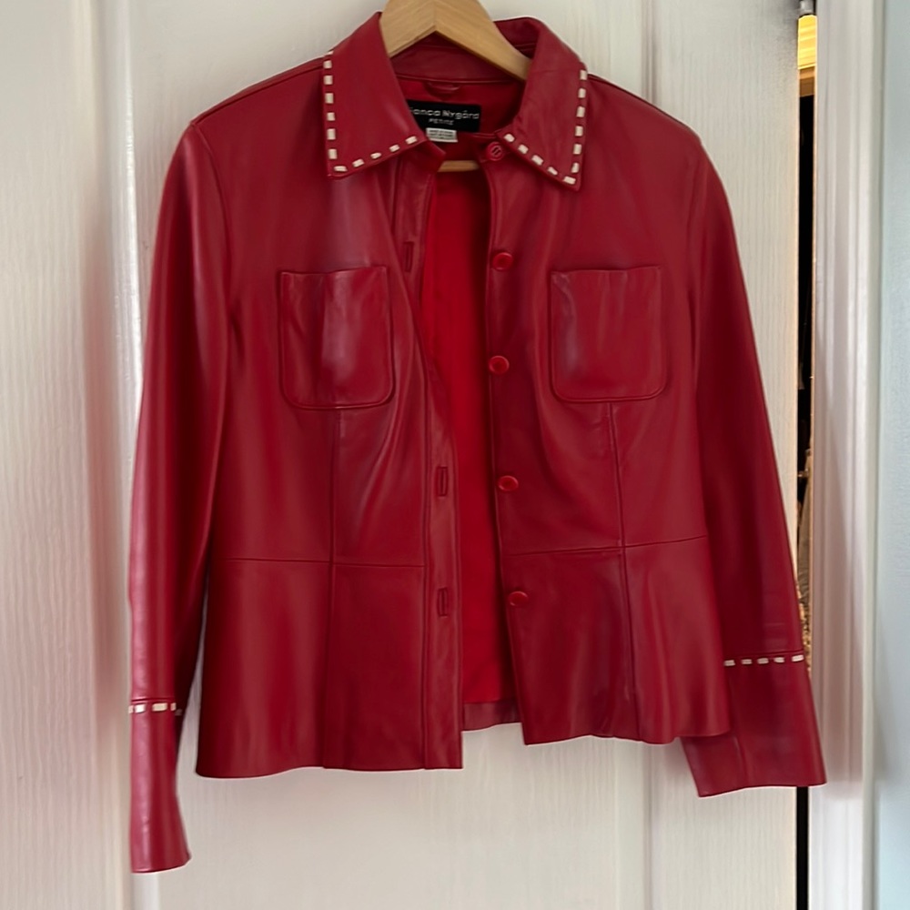 Bianca Nygard Red Leather jacket with beige stitching size 8 petite